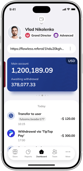 Partner app dashboard with account balance, referral link and recent transactions
